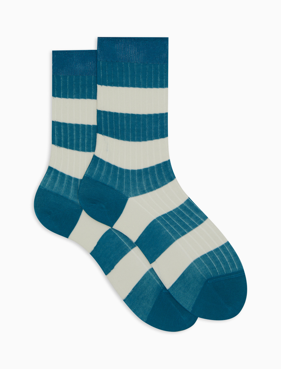 Women's short light blue ribbed cotton socks with two-tone stripe pattern - Gallo 1927 - Official Online Shop