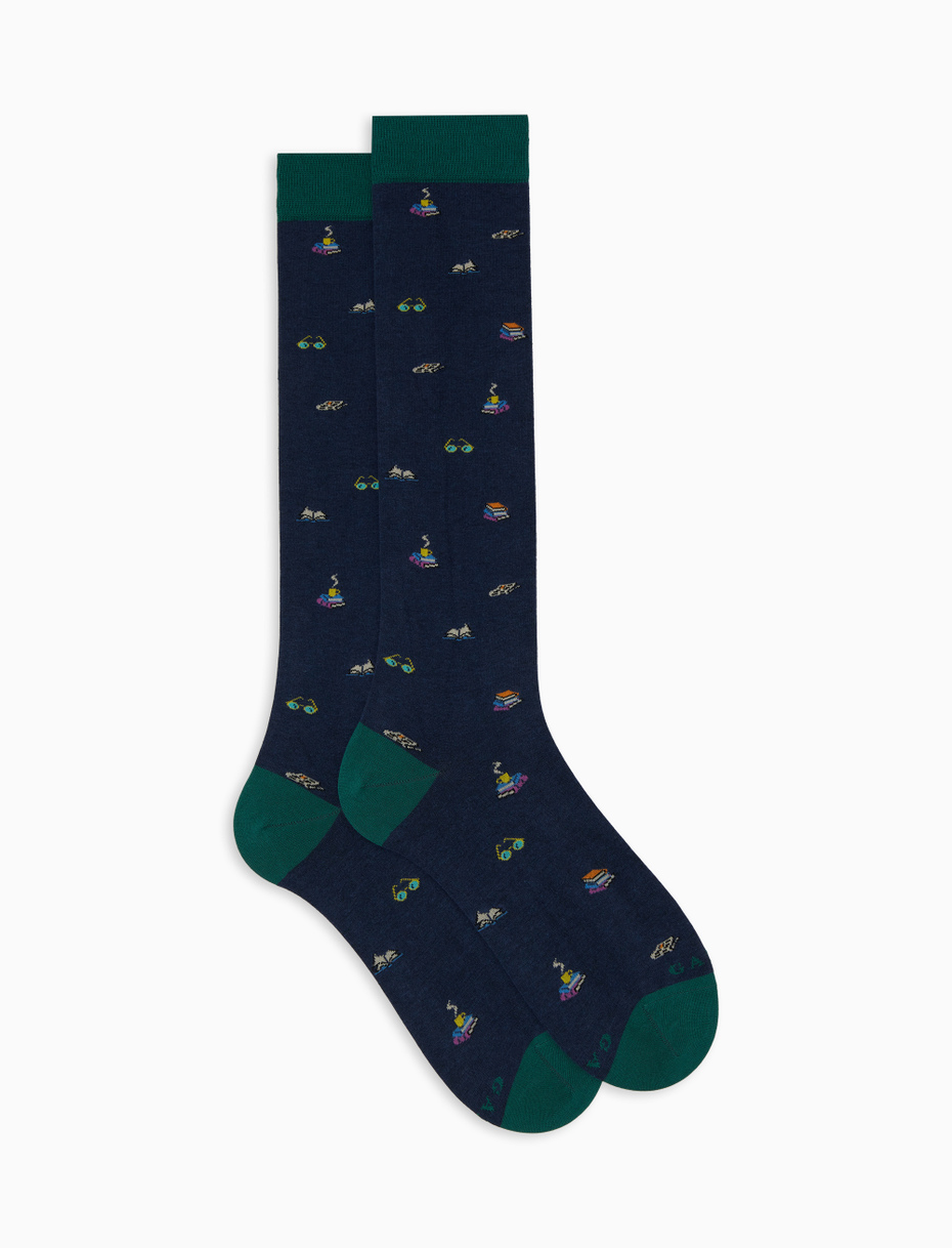 Men’s long blue cotton socks with book motif - Gallo 1927 - Official Online Shop