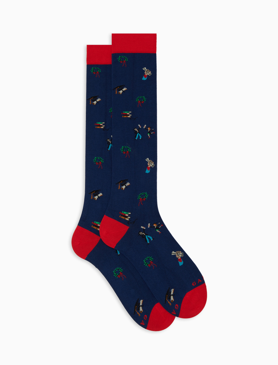 Men’s long blue cotton socks with degree motif - Gallo 1927 - Official Online Shop