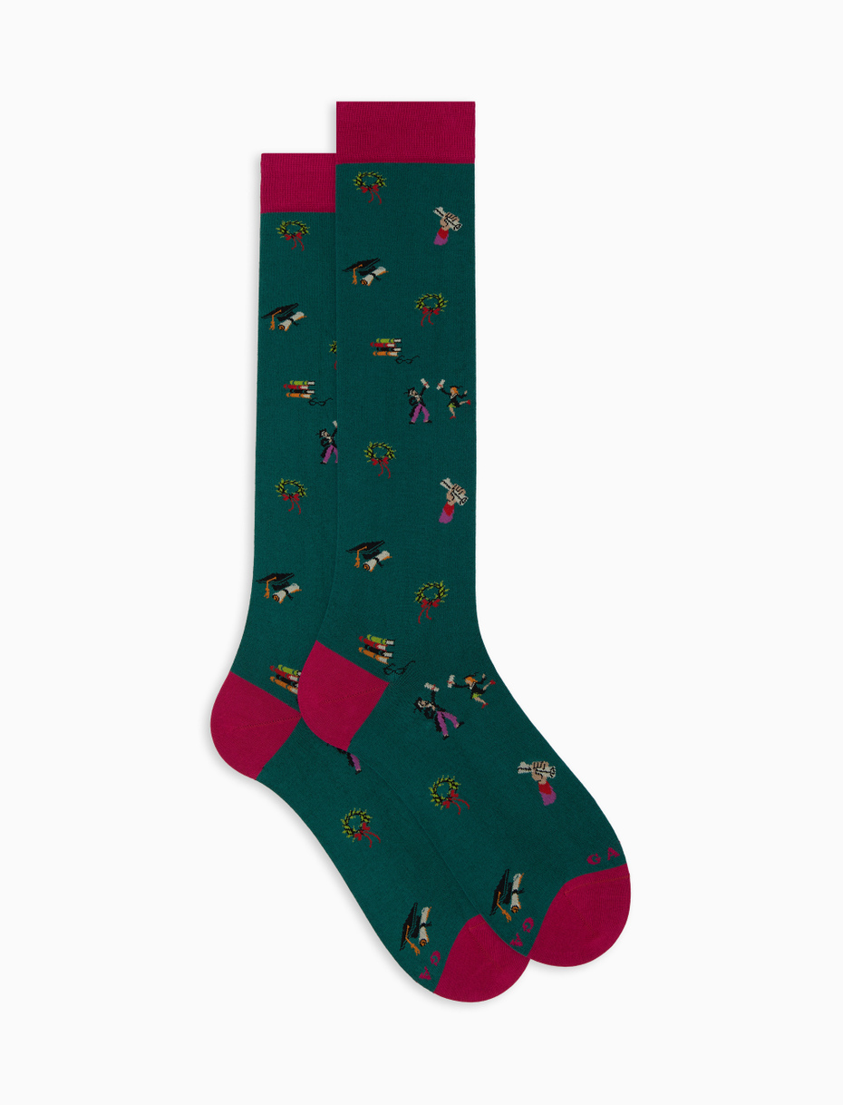 Women's long green cotton socks with graduation motif - Gallo 1927 - Official Online Shop