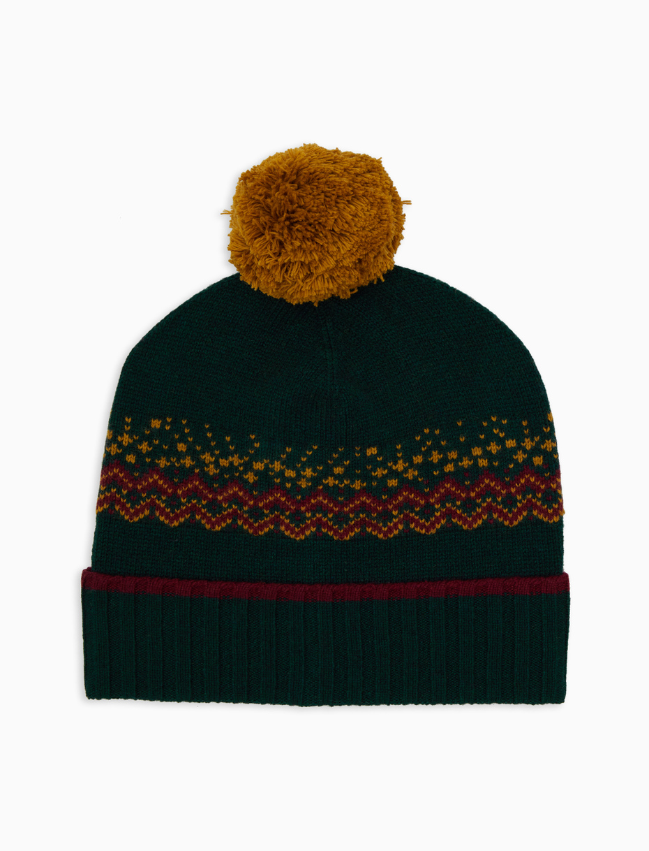 Berretto con risvolto unisex lana e cashmere verde fantasia greca natalizia - Gallo 1927 - Official Online Shop