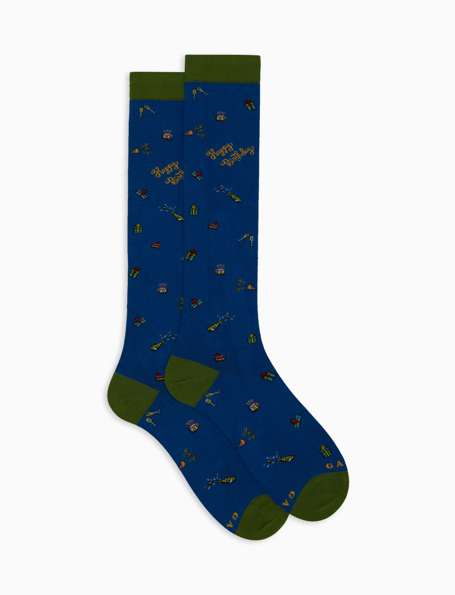 Women's long blue cotton socks with birthday motif - Gallo 1927 - Official Online Shop