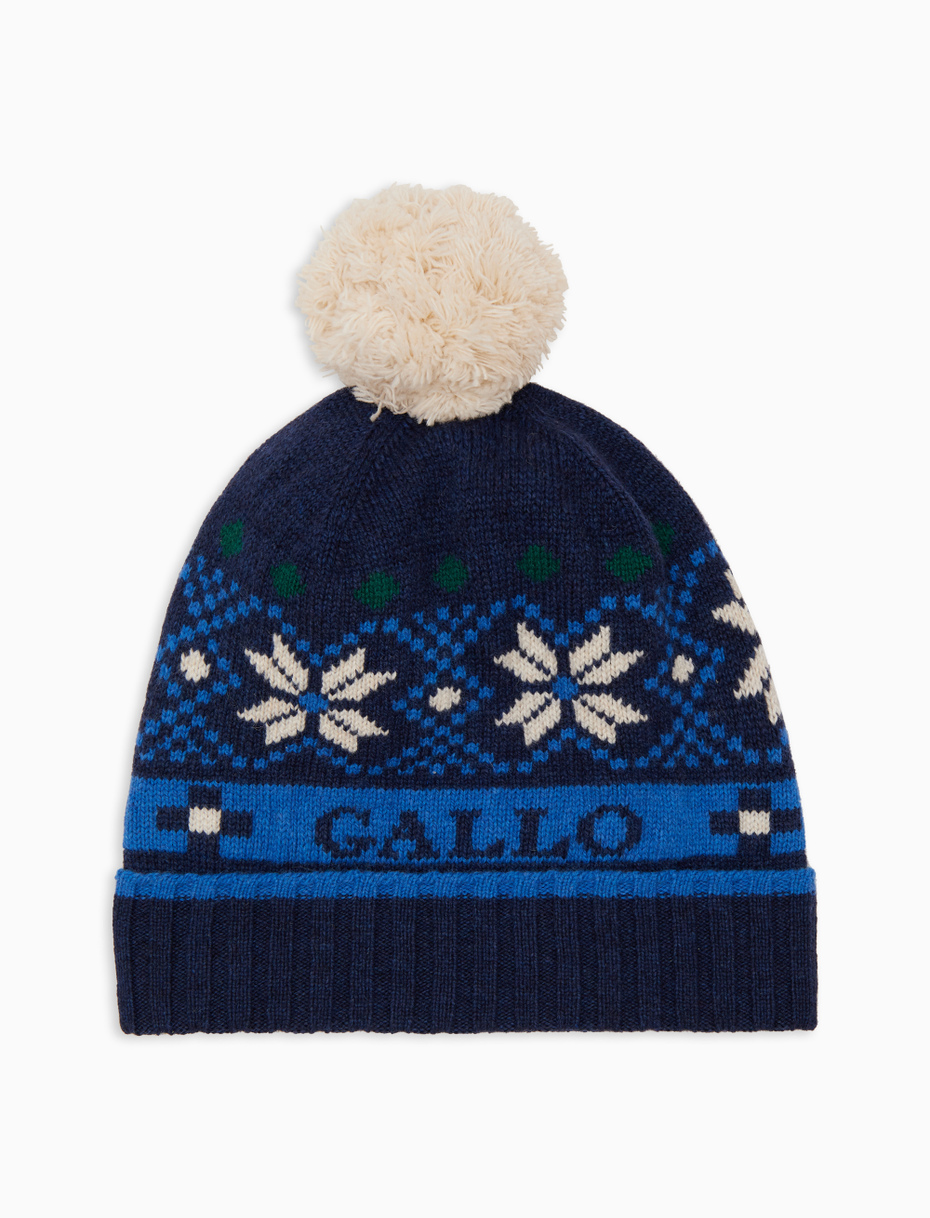Berretto con risvolto unisex lana e cashmere blu fantasia greca natalizia con scritta gallo - Gallo 1927 - Official Online Shop