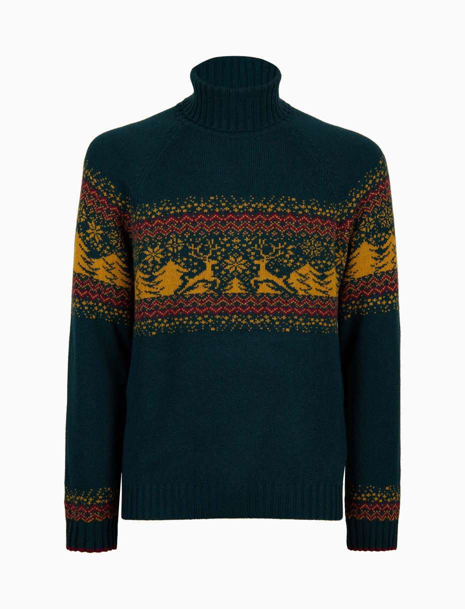 Men s green wool and cashmere turtleneck sweater with decorative