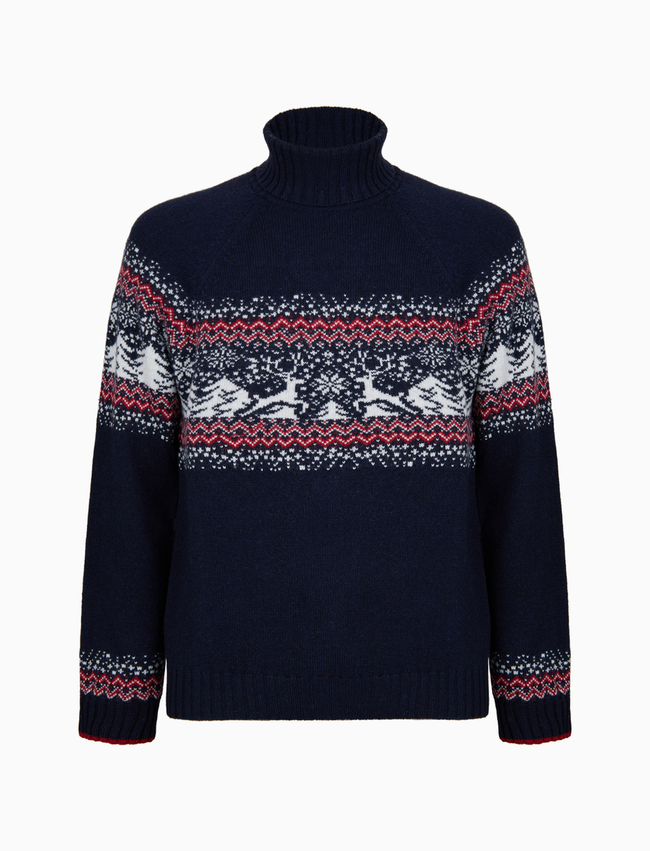Men s blue wool and cashmere turtleneck sweater with decorative