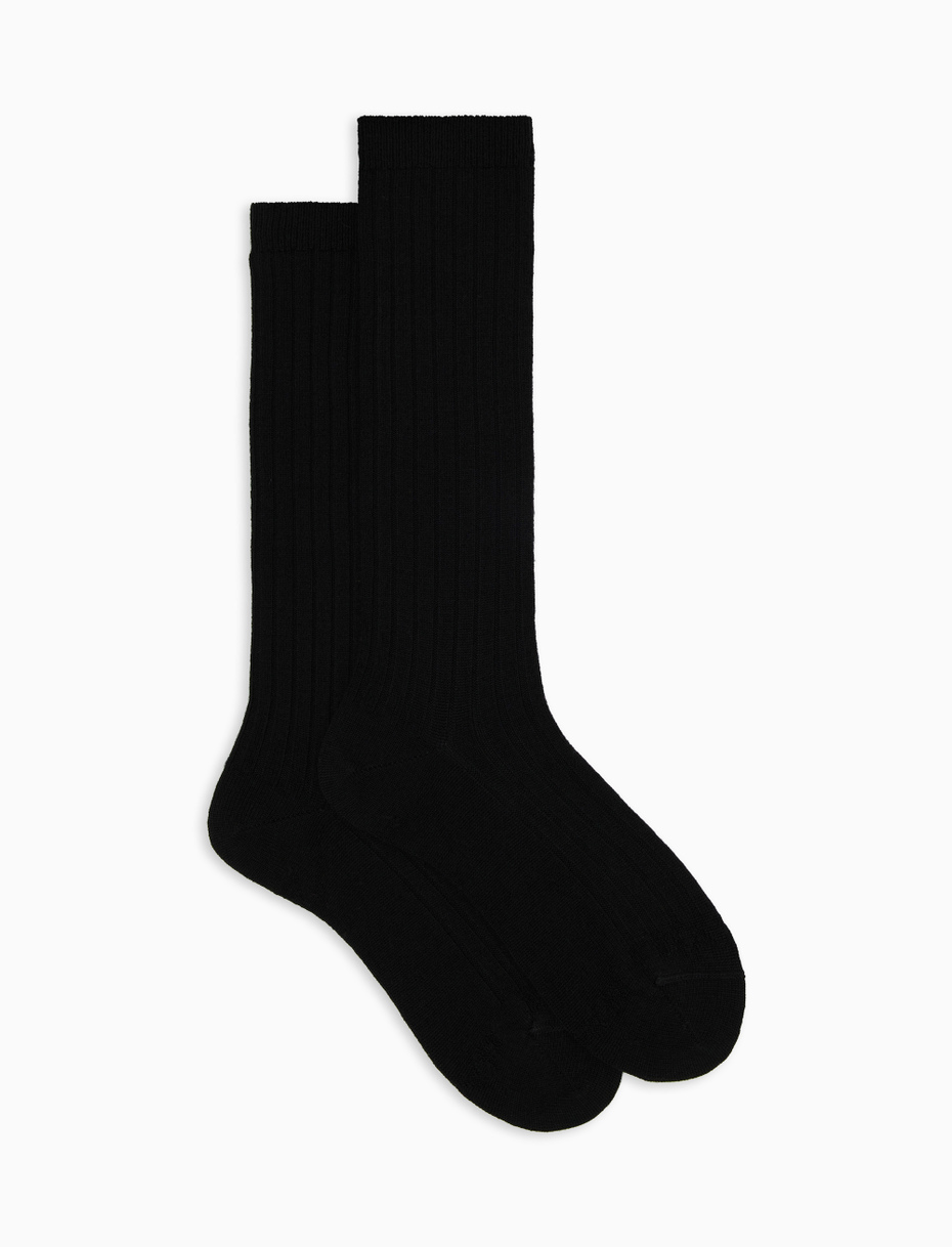Women's long plain ribbed socks in black wool - Gallo 1927 - Official Online Shop