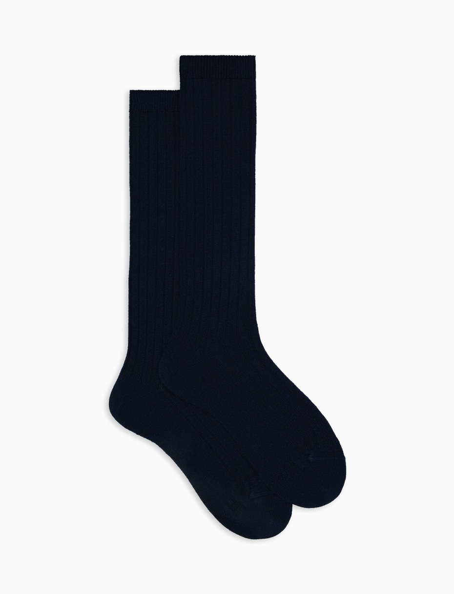 Women's long plain ribbed socks in blue wool - Gallo 1927 - Official Online Shop