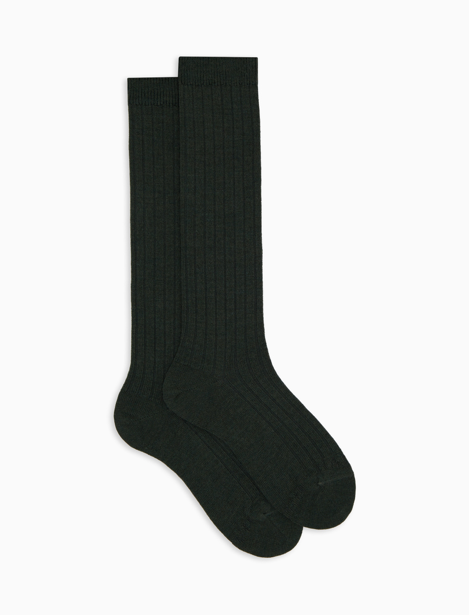 Women's long plain ribbed socks in green wool - Gallo 1927 - Official Online Shop