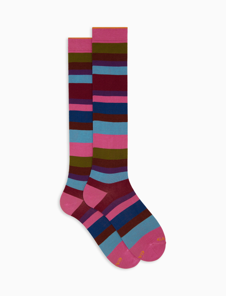 Women's long pink cotton socks with seven-colour stripe pattern - Gallo 1927 - Official Online Shop