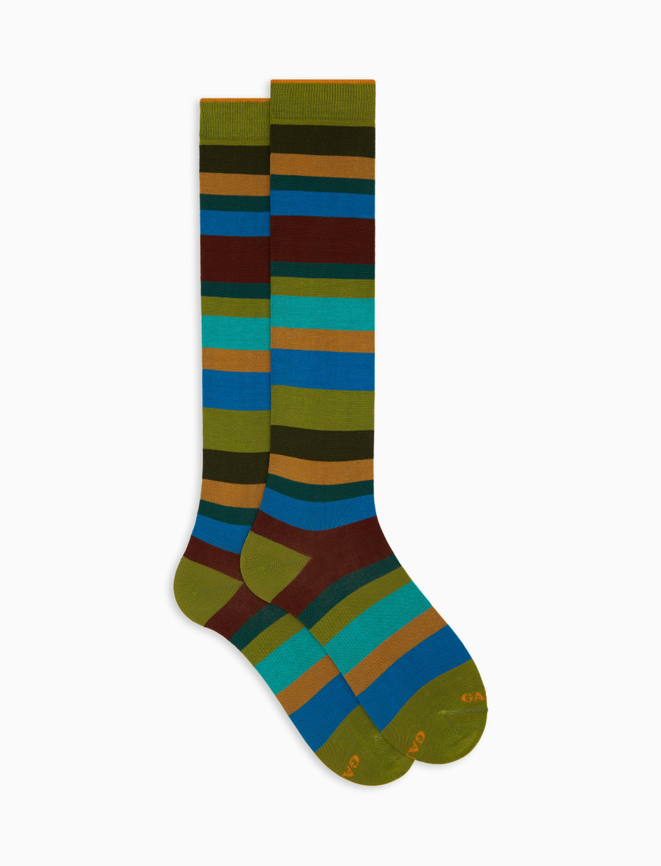 Women's long green cotton socks with seven-colour stripes - Gallo 1927 - Official Online Shop