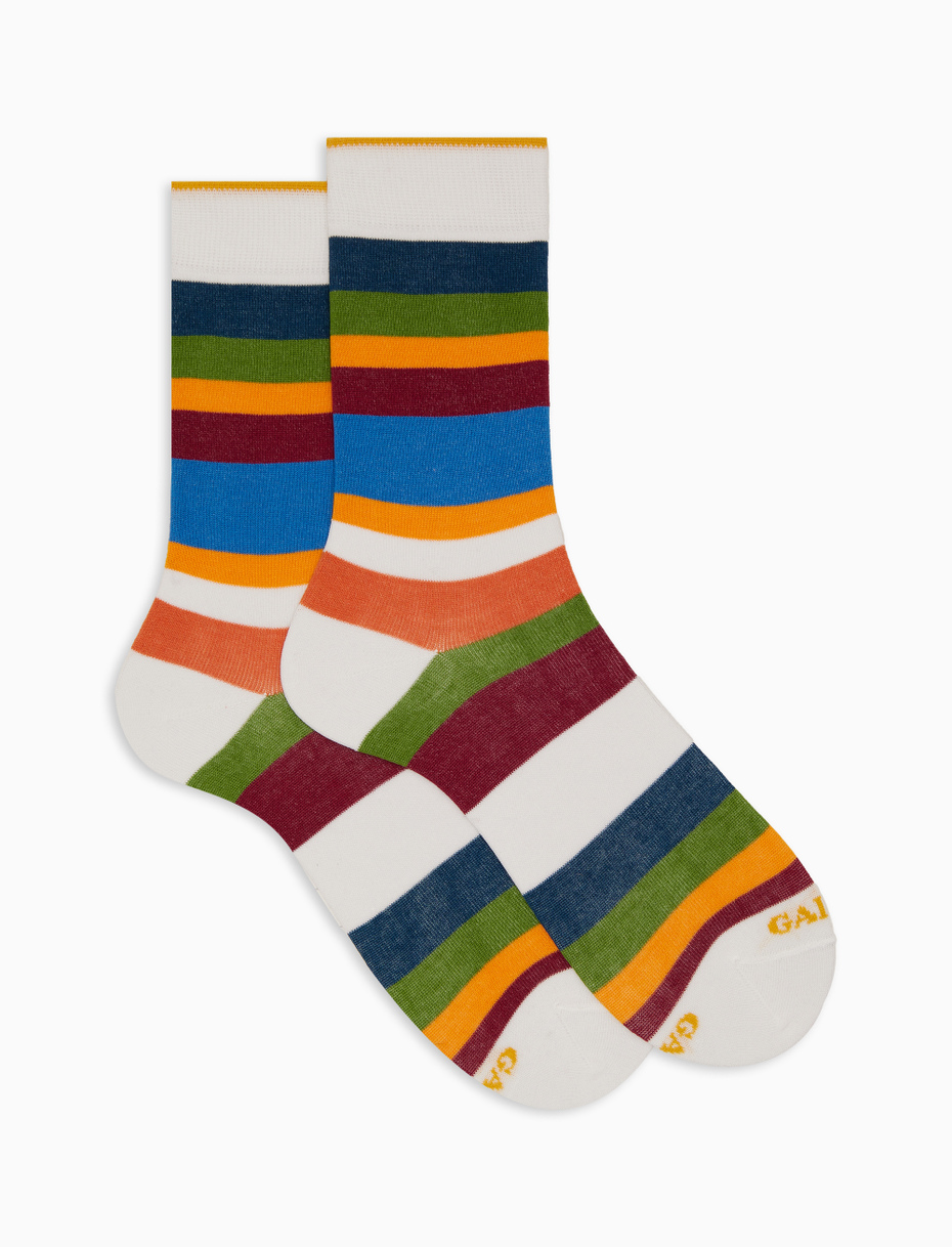 Women's short white cotton socks with seven-colour stripe pattern - Gallo 1927 - Official Online Shop