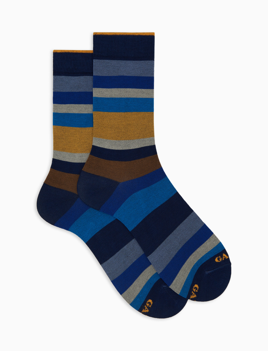 Women's short blue cotton socks with seven-colour stripe pattern - Gallo 1927 - Official Online Shop
