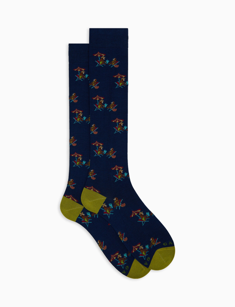 Men's long blue cotton socks with beach monkey motif - Gallo 1927 - Official Online Shop