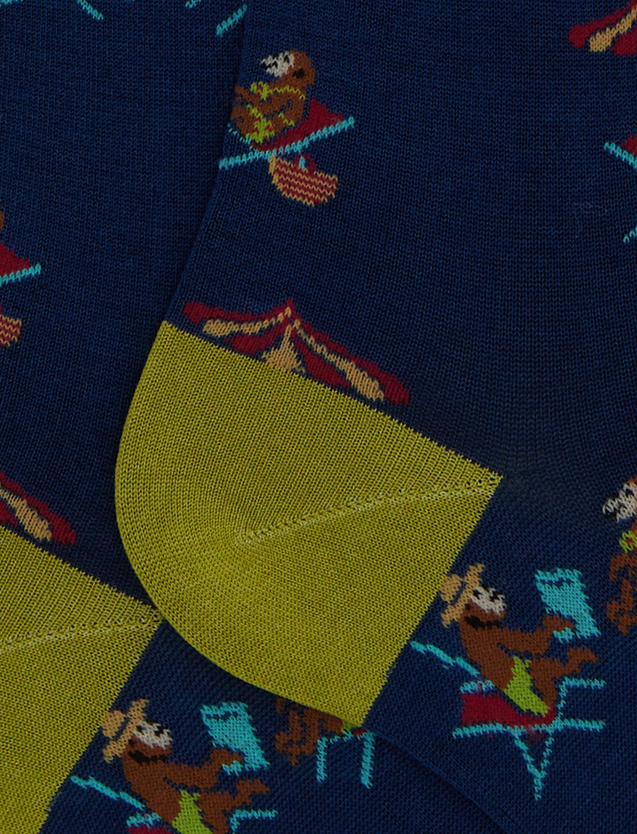 Men's long blue cotton socks with beach monkey motif - Gallo 1927 - Official Online Shop