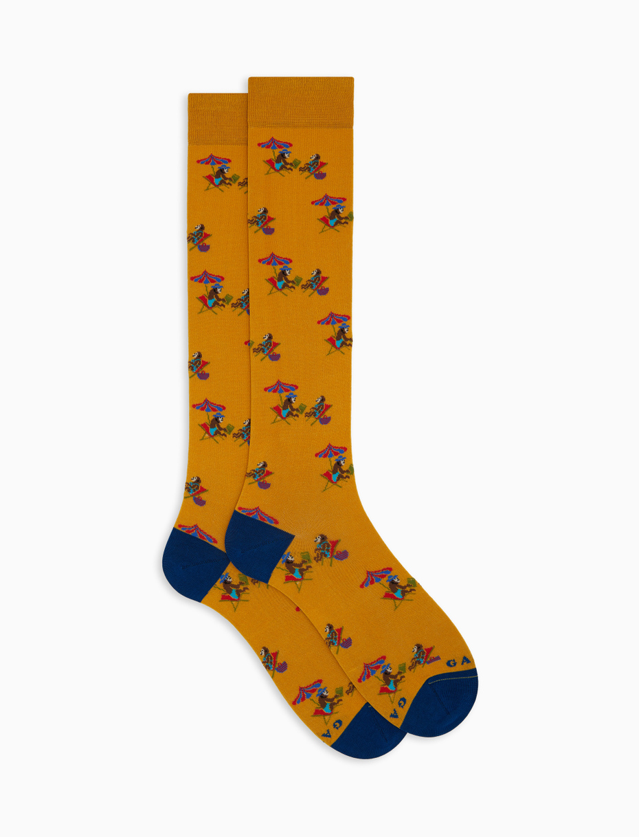 Men's long yellow cotton socks with beach monkey motif - Gallo 1927 - Official Online Shop