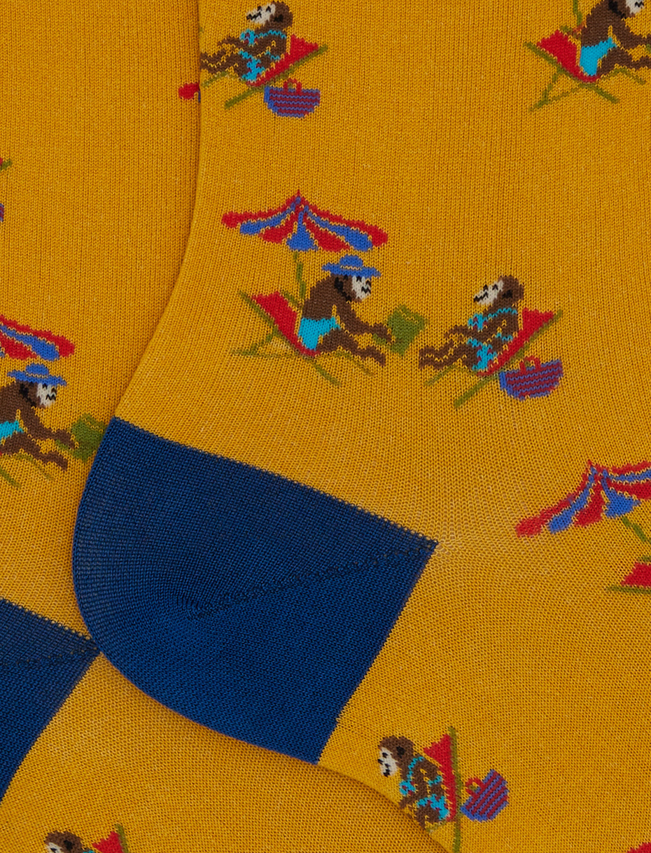 Men's short yellow cotton socks with beach monkey motif - Gallo 1927 - Official Online Shop