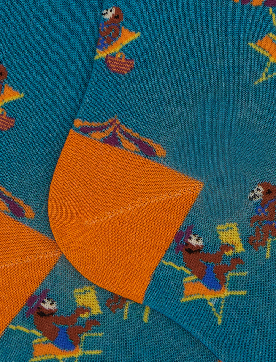 Women's long light blue cotton socks with beach monkey motif - Gallo 1927 - Official Online Shop
