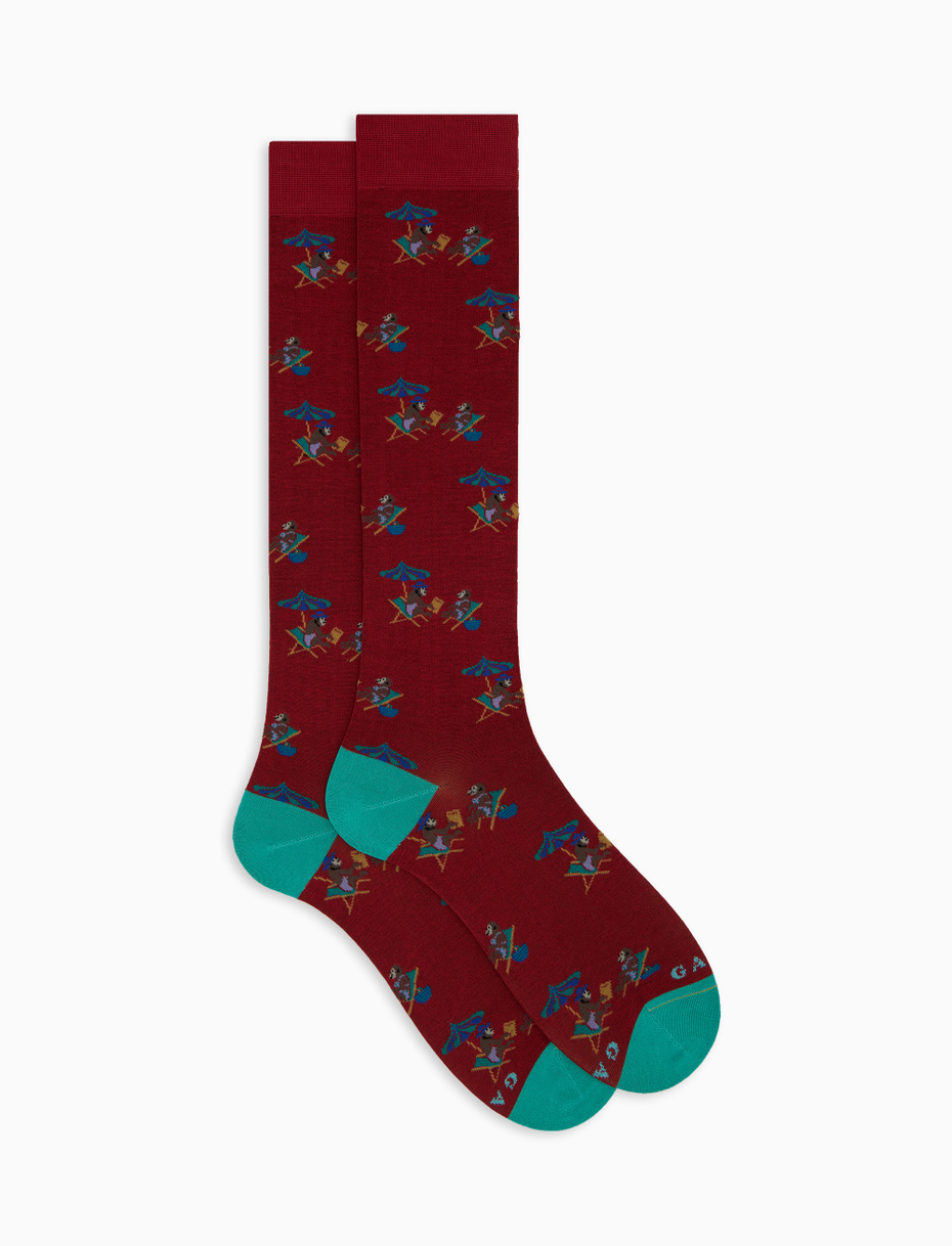 Women's long red cotton socks with beach monkey motif - Gallo 1927 - Official Online Shop