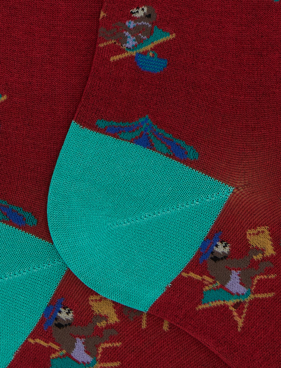 Women's long red cotton socks with beach monkey motif - Gallo 1927 - Official Online Shop