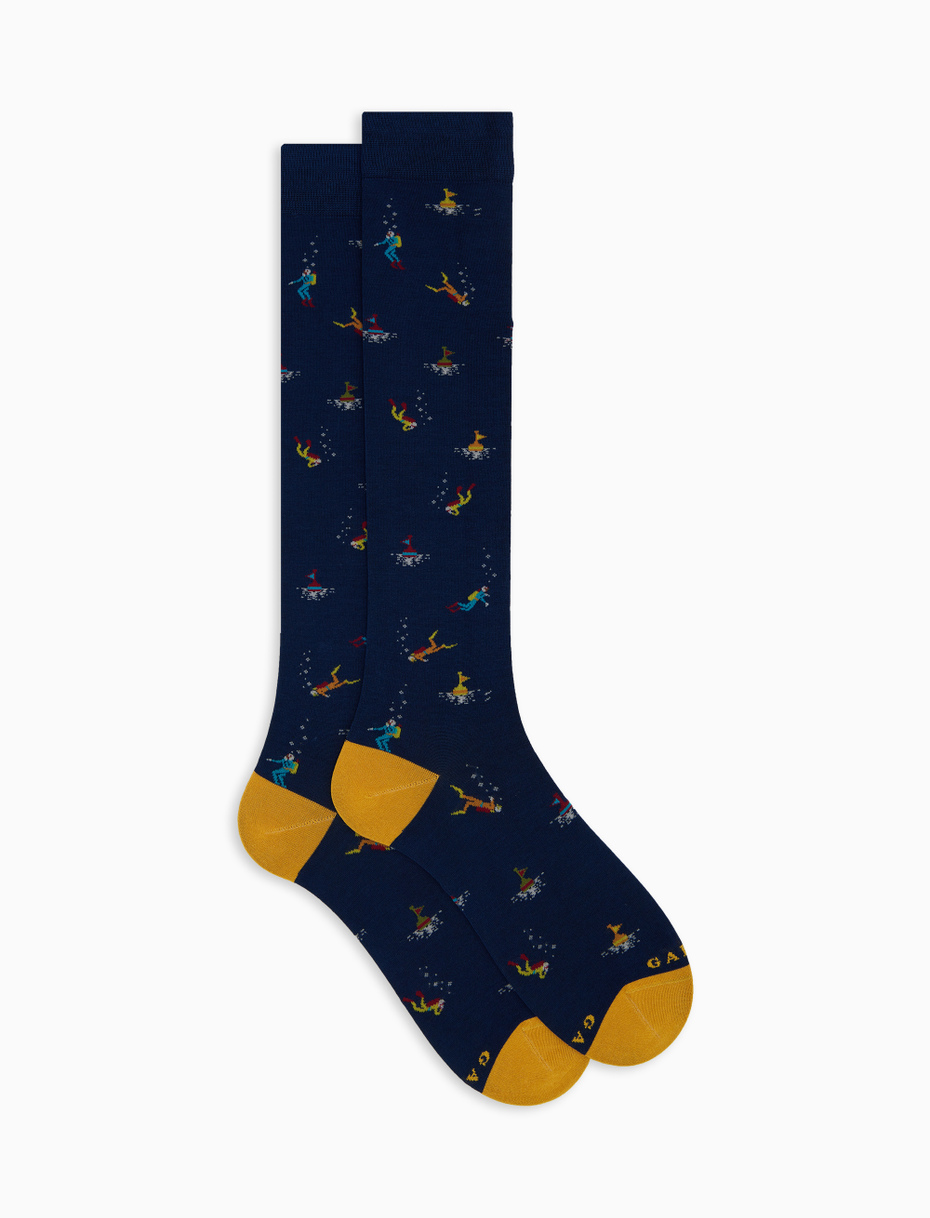 Men's long blue cotton socks with diving motif - Gallo 1927 - Official Online Shop