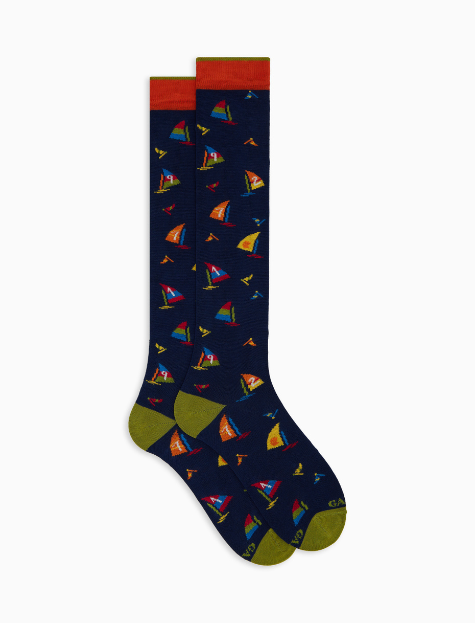 Men's long blue cotton socks with windsurfing motif - Gallo 1927 - Official Online Shop