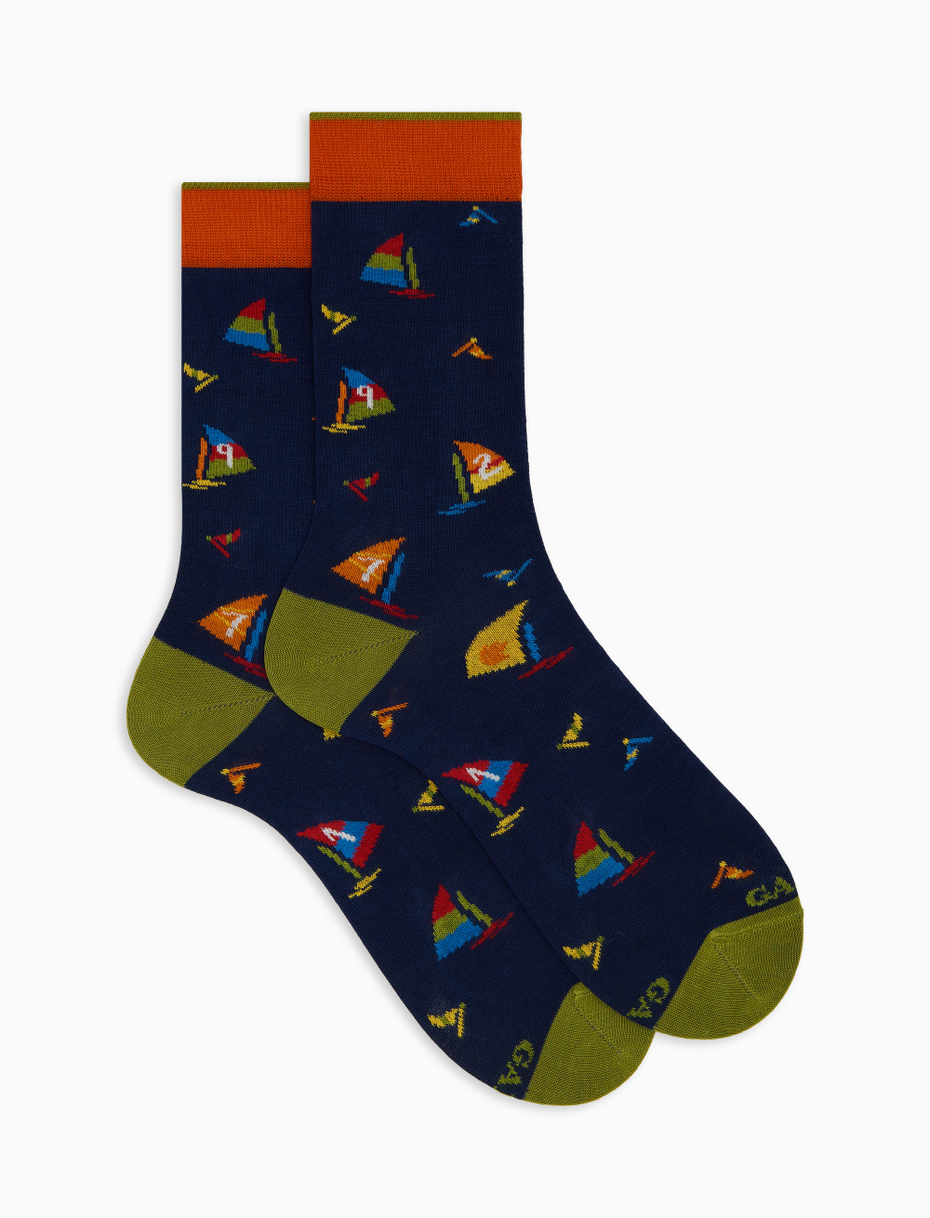 Men's short blue cotton socks with windsurfing motif - Gallo 1927 - Official Online Shop