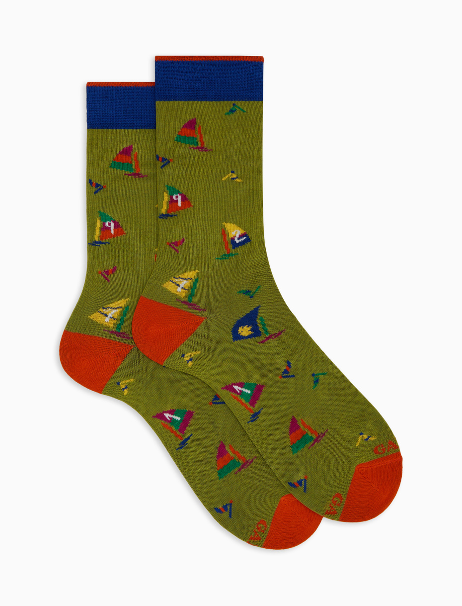 Women's short green cotton socks with windsurfing motif - Gallo 1927 - Official Online Shop