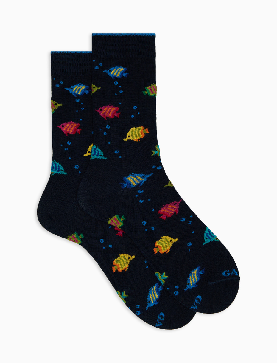 Men's short blue cotton socks with striped-fish motif - Gallo 1927 - Official Online Shop