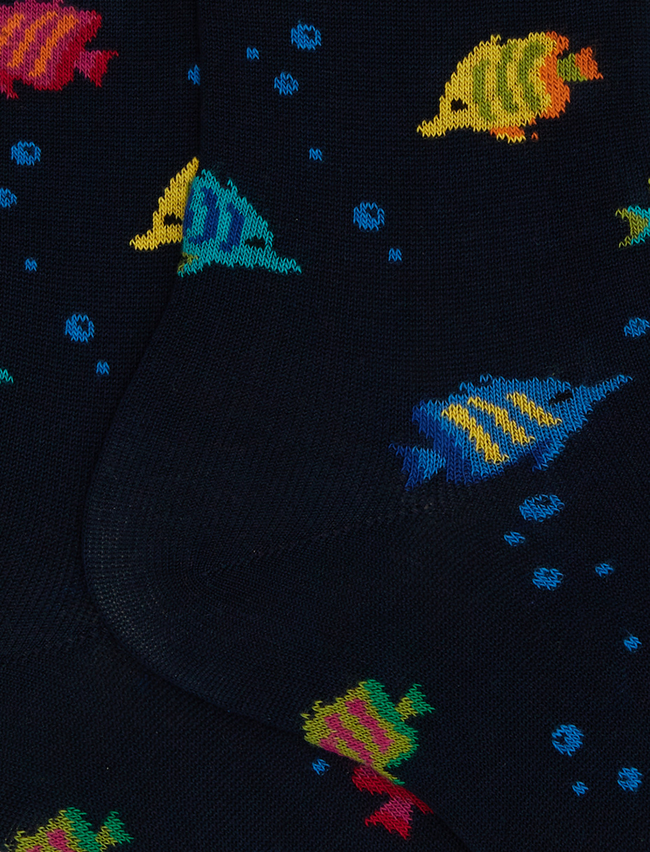 Men's short blue cotton socks with striped-fish motif - Gallo 1927 - Official Online Shop