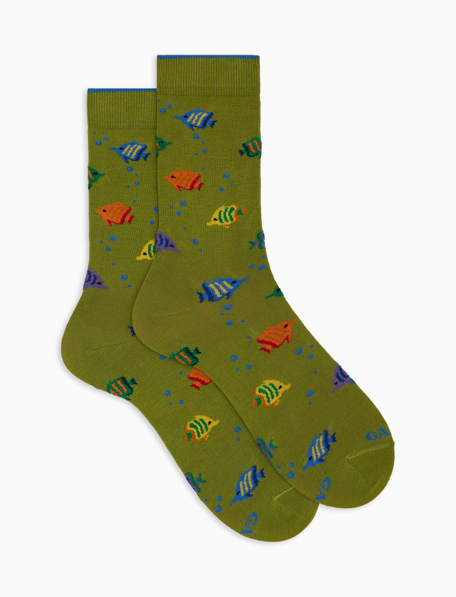 Men's short green cotton socks with striped-fish motif - Gallo 1927 - Official Online Shop