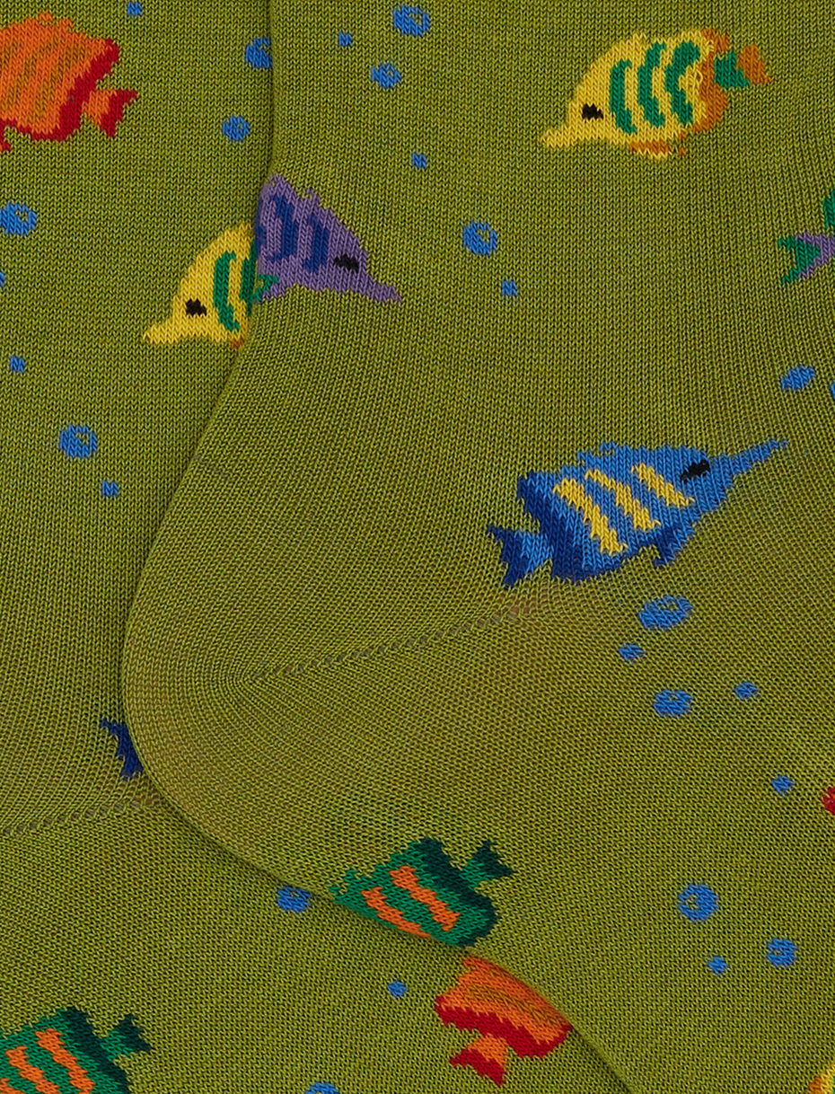 Men's short green cotton socks with striped-fish motif - Gallo 1927 - Official Online Shop
