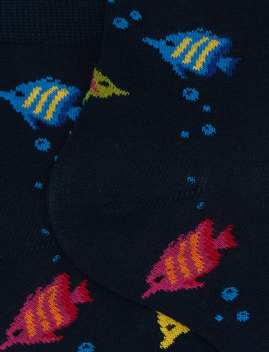 Women's super short blue cotton socks with striped-fish motif - Gallo 1927 - Official Online Shop