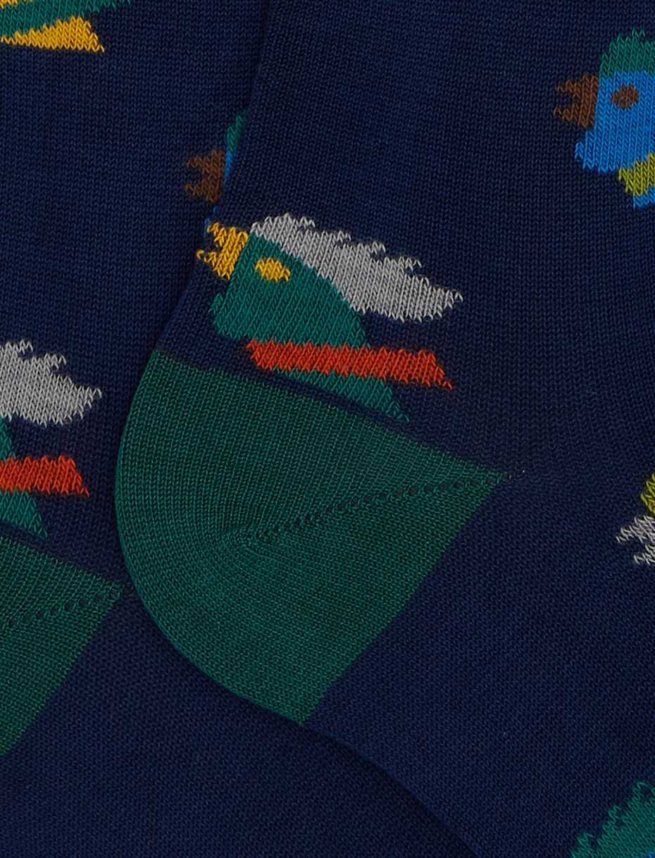 Men's long blue cotton socks with multicoloured rooster motif - Gallo 1927 - Official Online Shop
