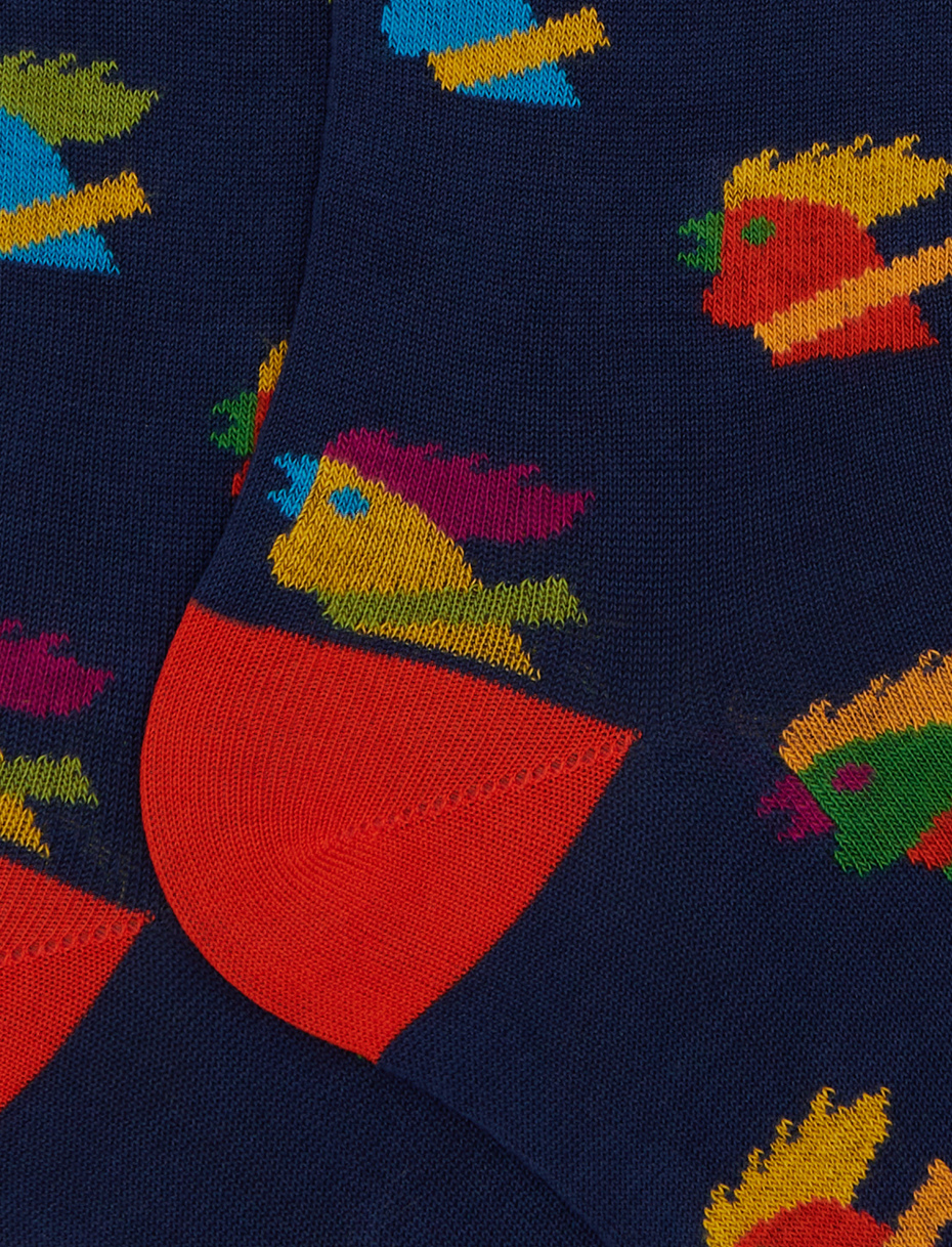 Men's long blue cotton socks with multicoloured rooster motif - Gallo 1927 - Official Online Shop