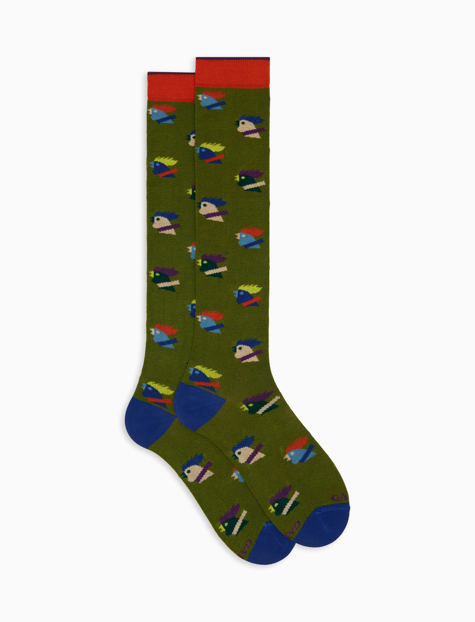 Men's long green cotton socks with multicoloured rooster motif - Gallo 1927 - Official Online Shop