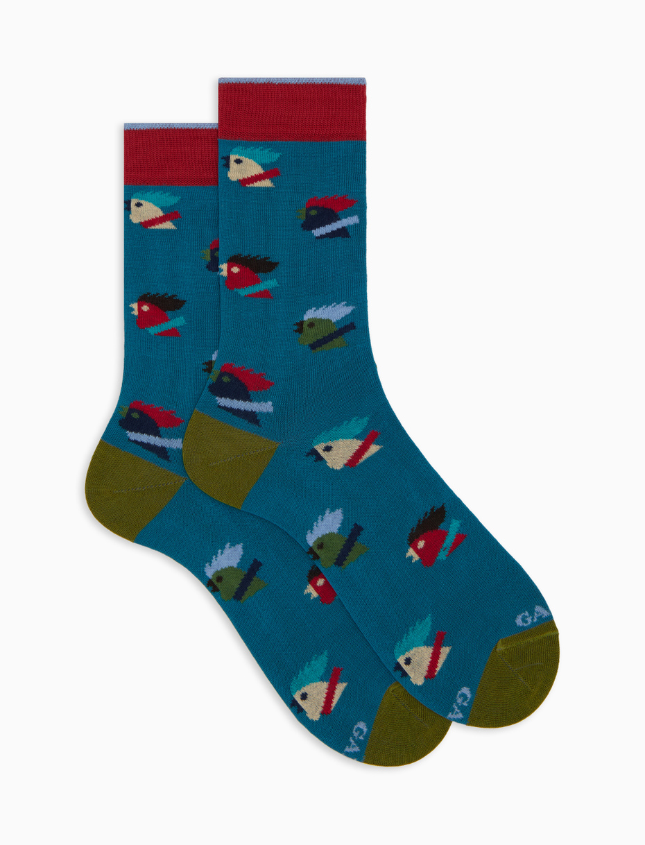 Men's short light blue cotton socks with multicoloured rooster motif - Gallo 1927 - Official Online Shop