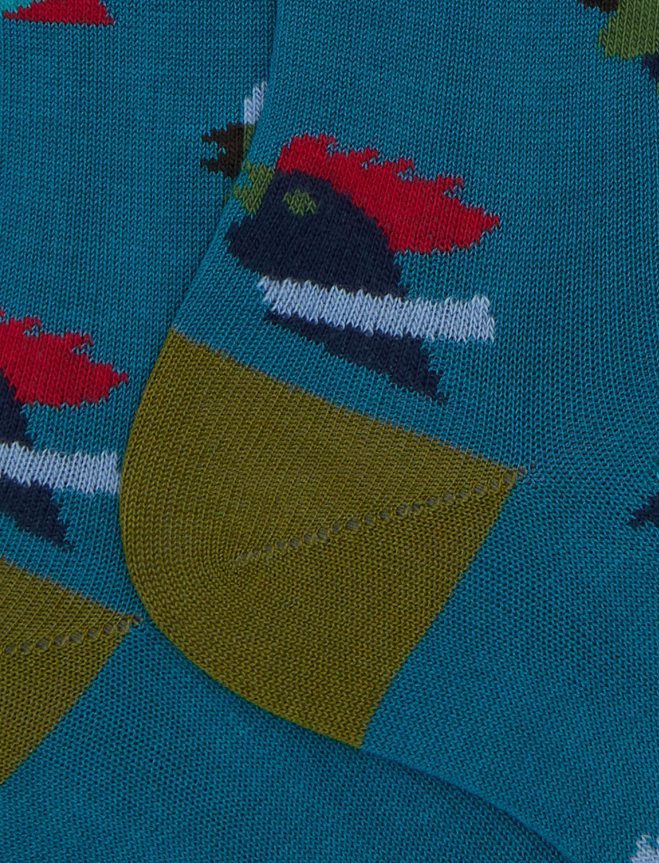 Men's short light blue cotton socks with multicoloured rooster motif - Gallo 1927 - Official Online Shop