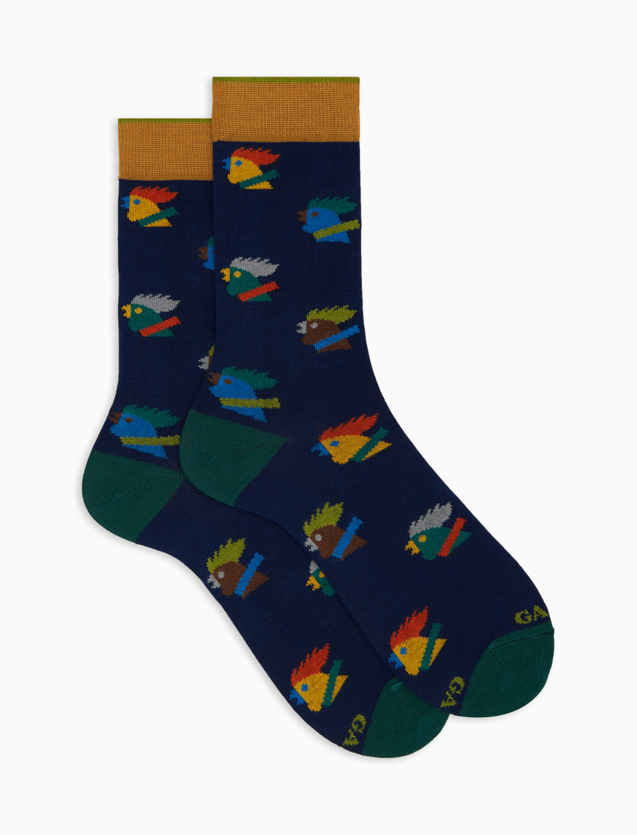 Men's short blue cotton socks with multicoloured rooster motif - Gallo 1927 - Official Online Shop
