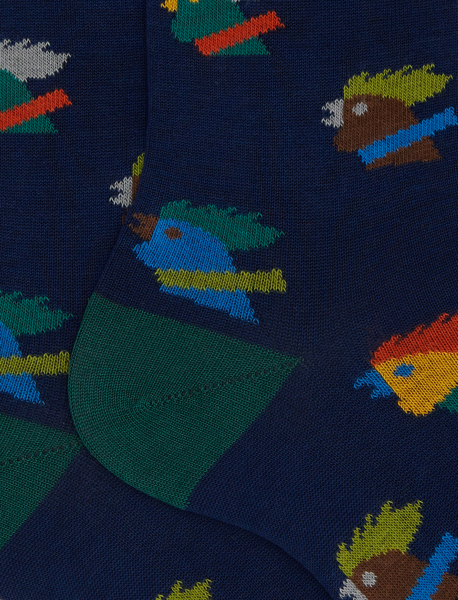 Men's short blue cotton socks with multicoloured rooster motif - Gallo 1927 - Official Online Shop