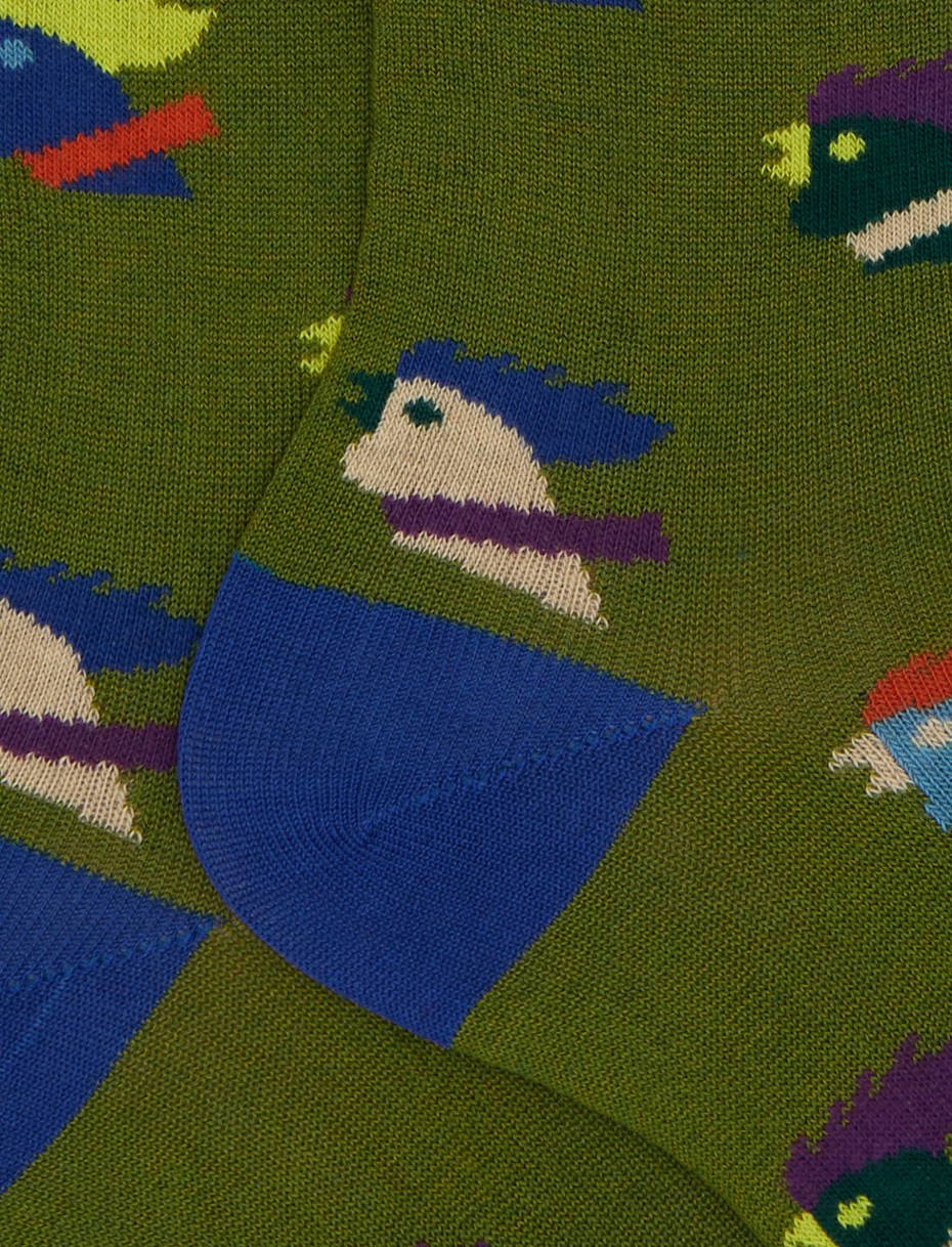 Men's short green cotton socks with multicoloured rooster motif - Gallo 1927 - Official Online Shop