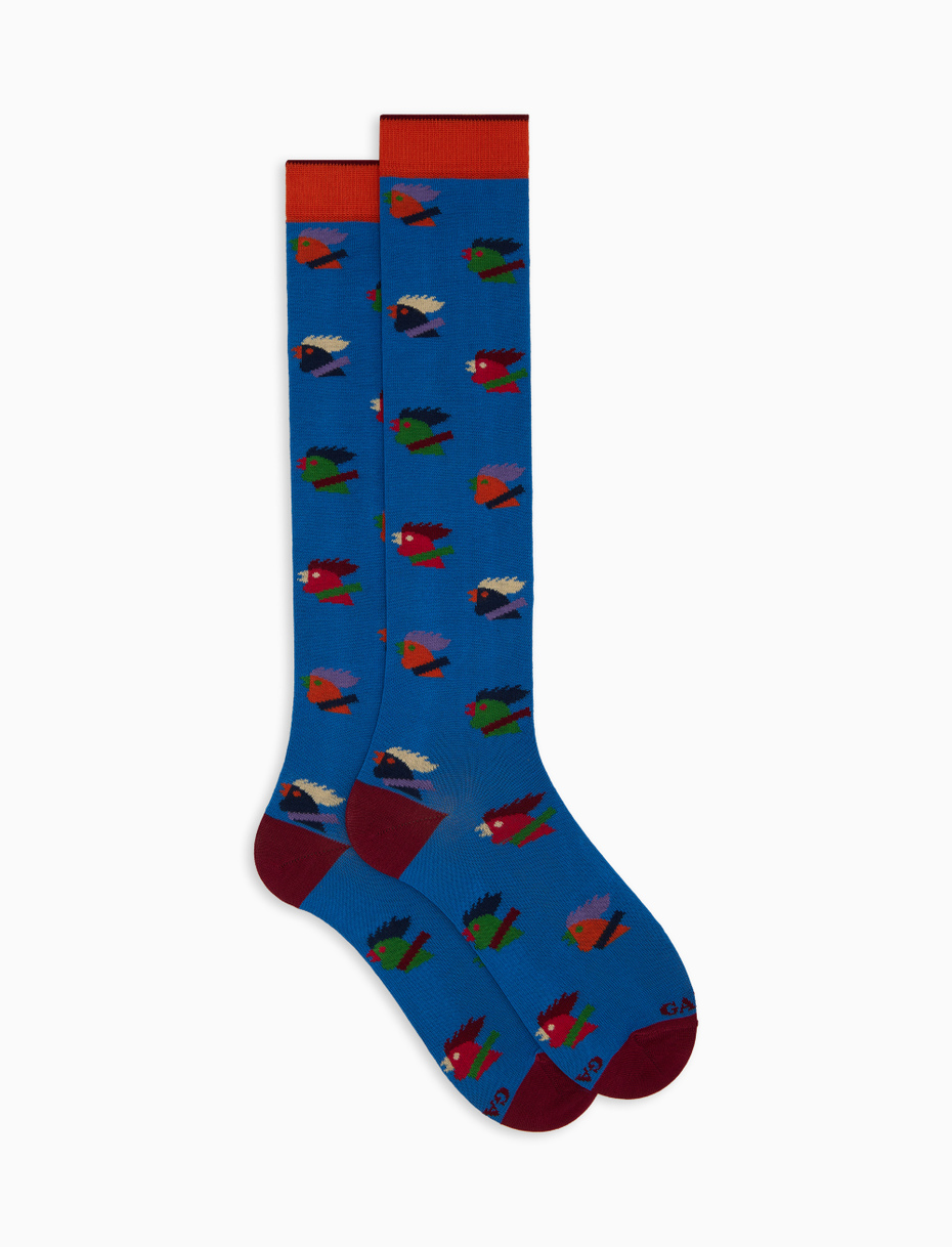 Women's long light blue cotton socks with multicoloured rooster motif - Gallo 1927 - Official Online Shop