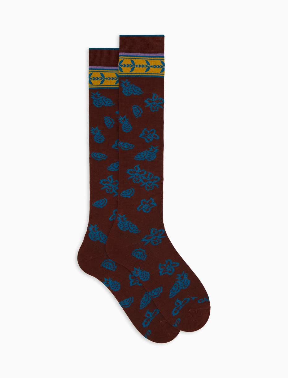 Men's long brown cotton socks with flower, pineapple and watermelon motif - Gallo 1927 - Official Online Shop