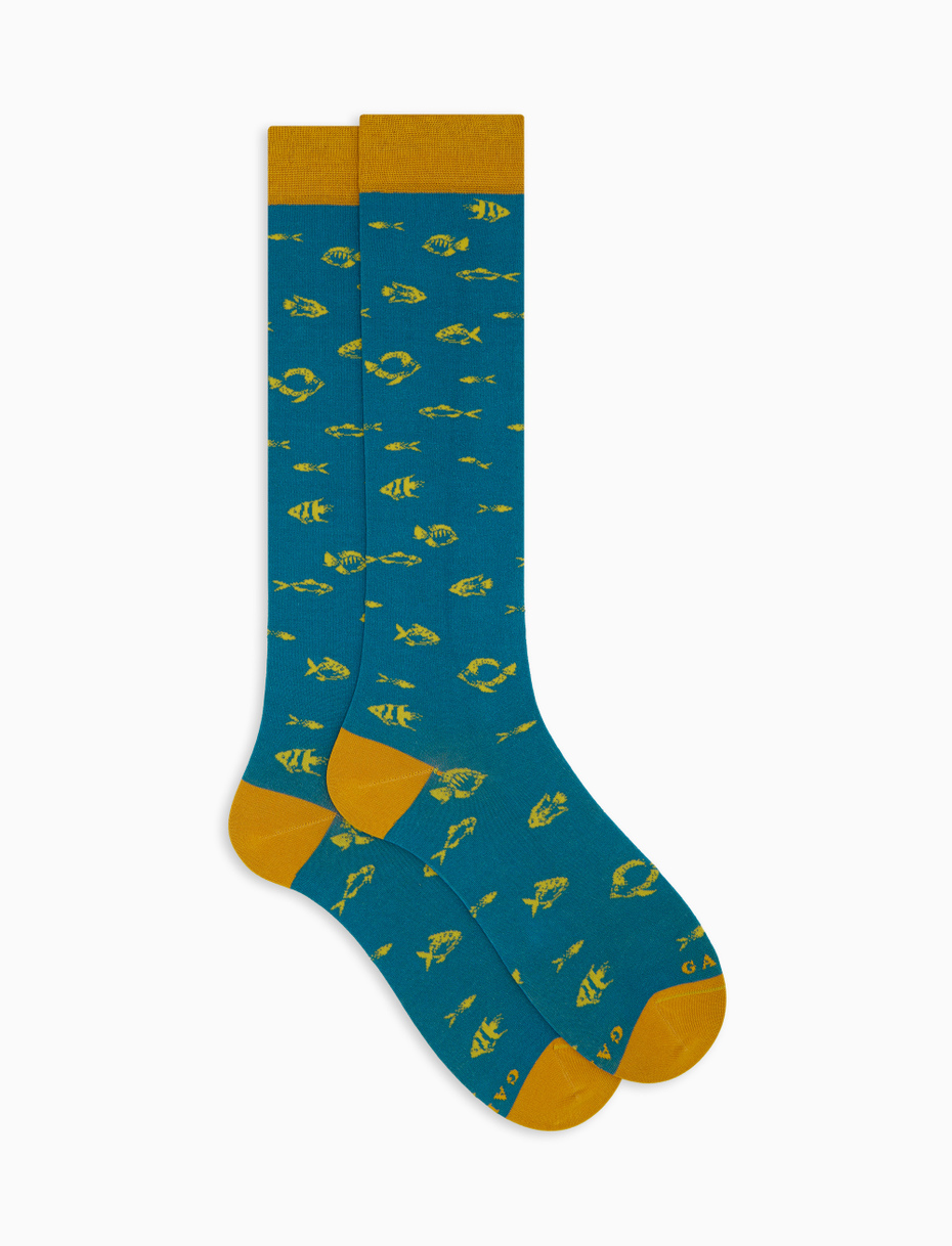 Men's long light blue cotton socks with fish motif - Gallo 1927 - Official Online Shop