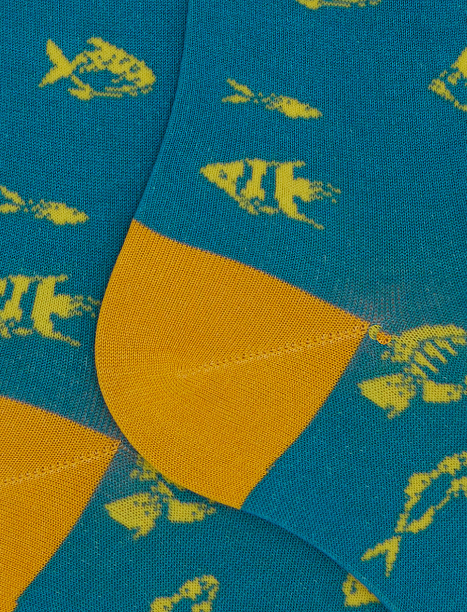 Men's long light blue cotton socks with fish motif - Gallo 1927 - Official Online Shop