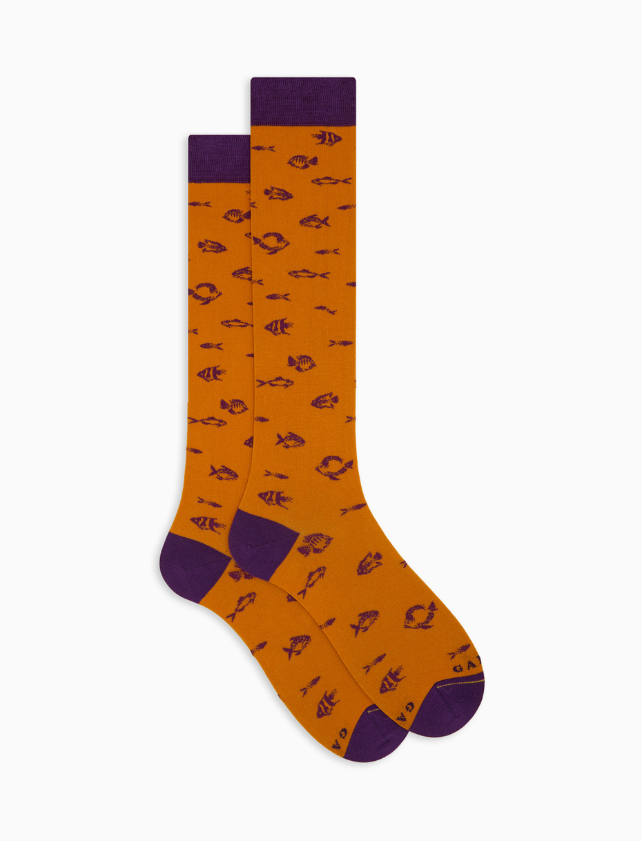 Men's long orange cotton socks with fish motif - Gallo 1927 - Official Online Shop