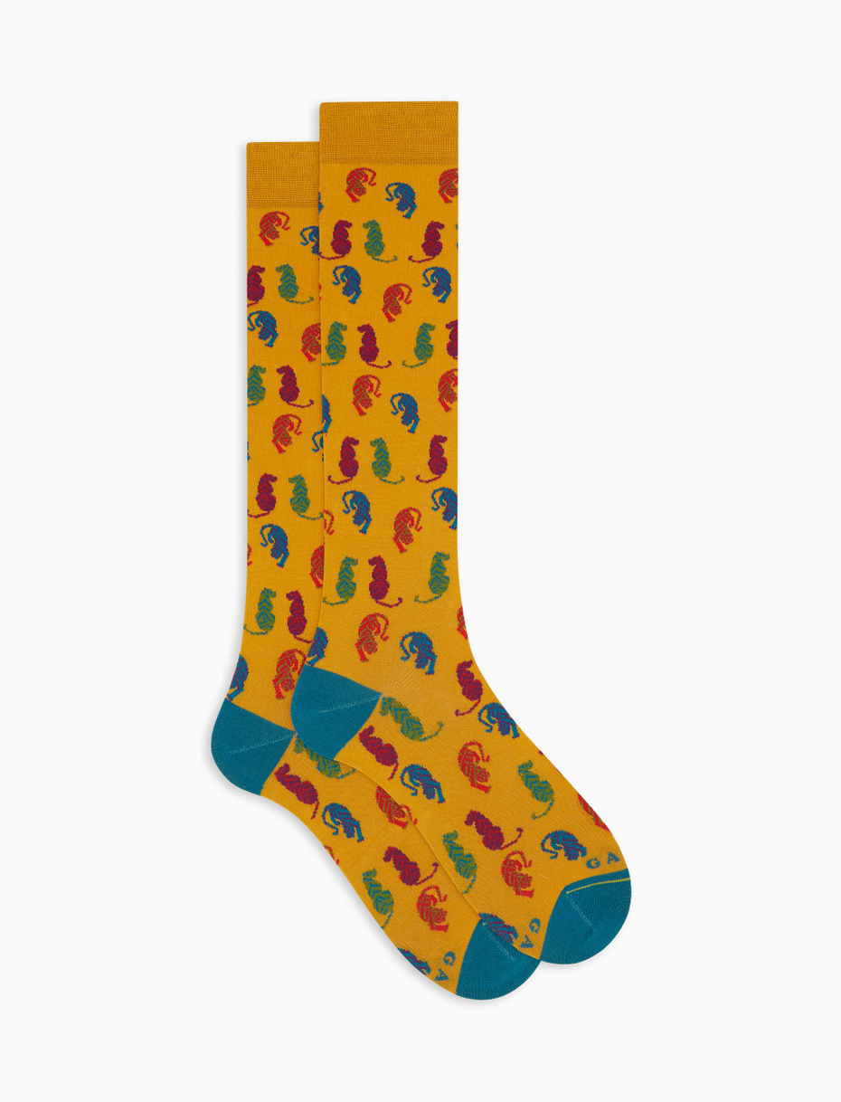 Women's long yellow cotton socks with tiger motif - Gallo 1927 - Official Online Shop