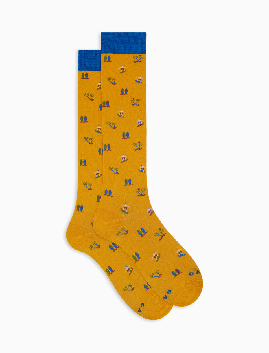 Men's long yellow cotton socks with surfing motif - Gallo 1927 - Official Online Shop