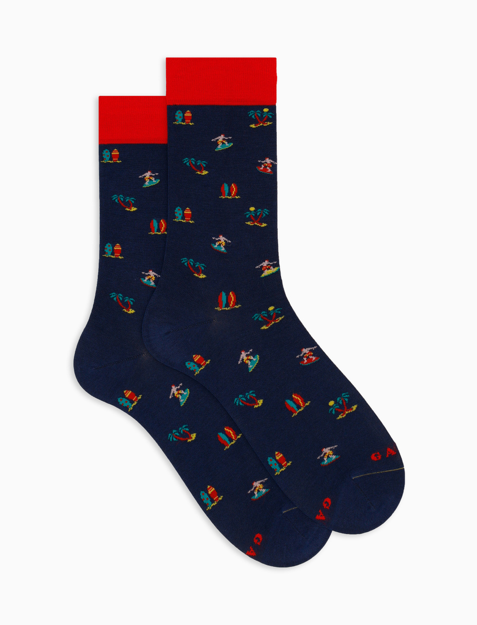 Men's short blue cotton socks with surfing motif - Gallo 1927 - Official Online Shop