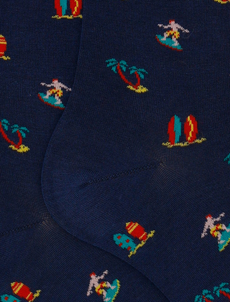 Men's short blue cotton socks with surfing motif - Gallo 1927 - Official Online Shop