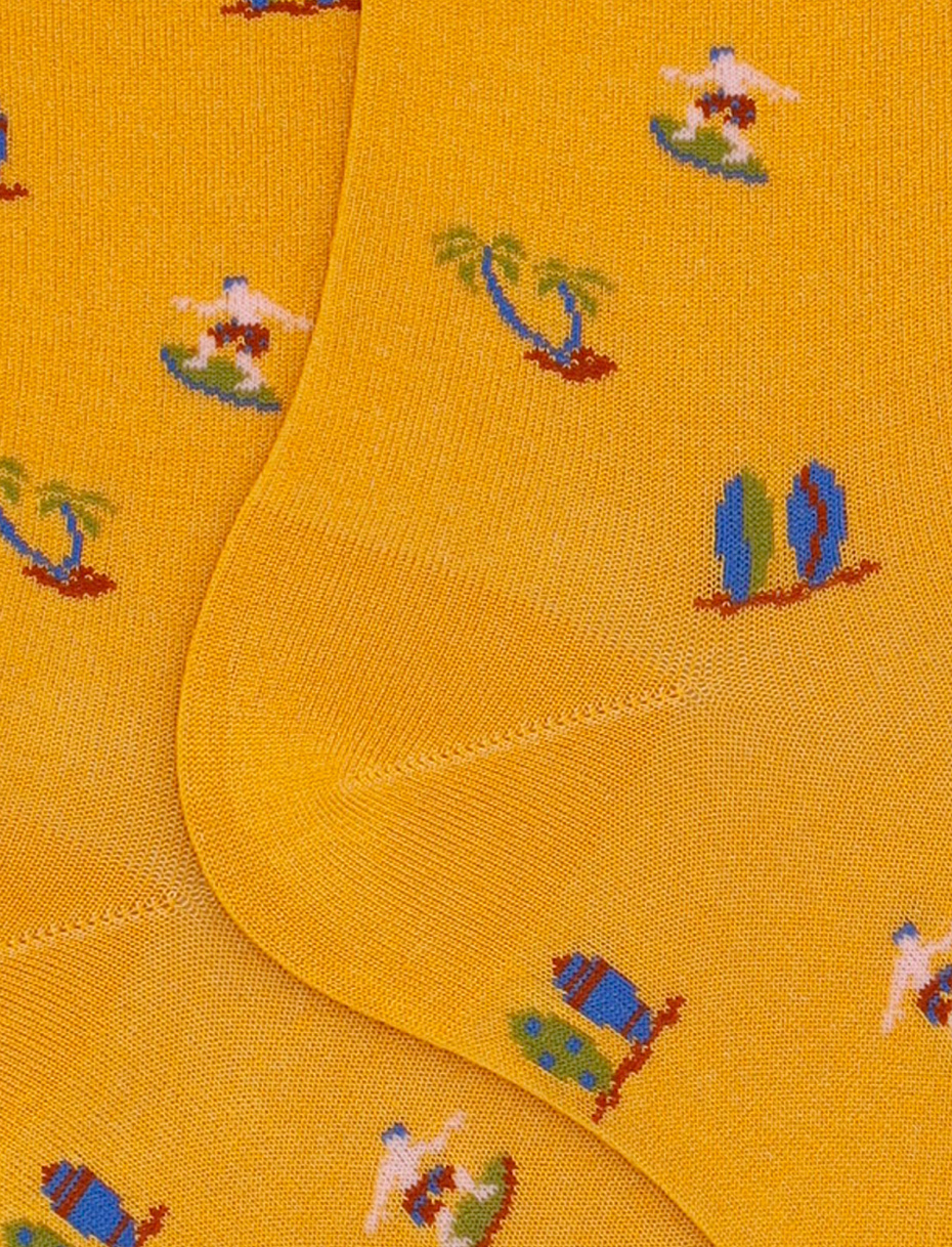 Men's short yellow cotton socks with surfing motif - Gallo 1927 - Official Online Shop